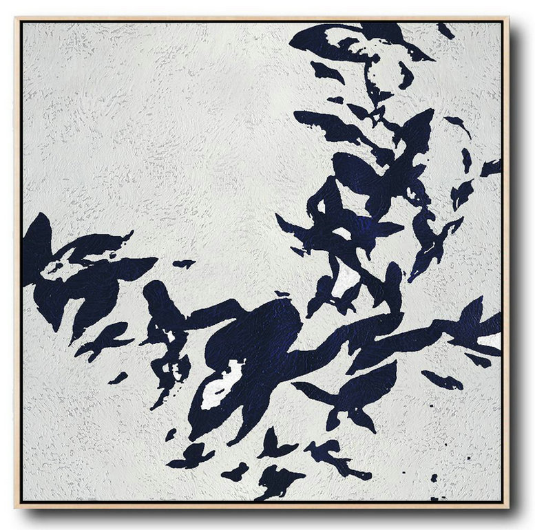 Large Oil Canvas Art,Minimalist Navy Blue And White Painting,Large Canvas Art,Modern Art Abstract Painting